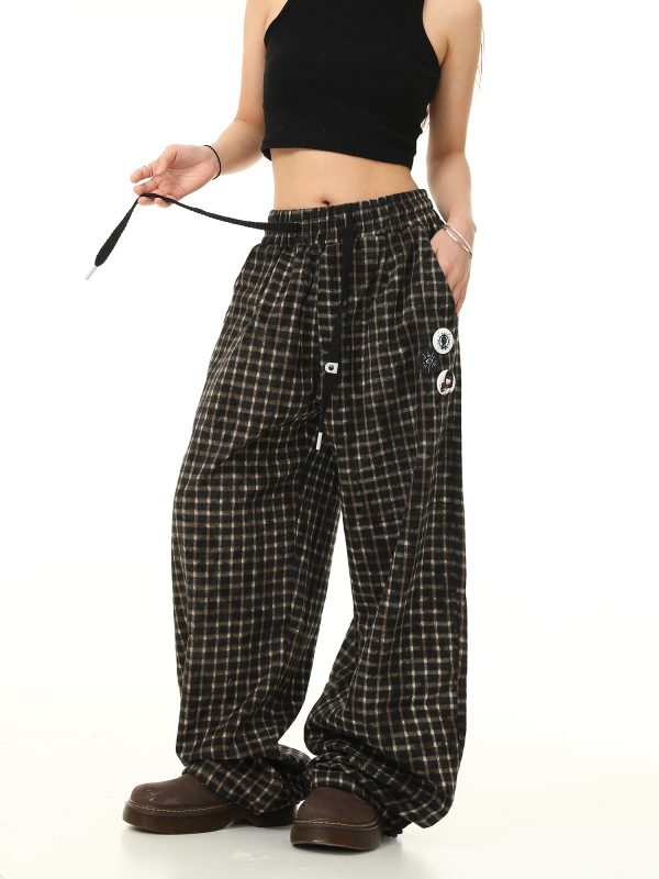 Retro Plaid Wide-Leg Casual Pants with Elastic Waist and Drawstring - Trendy Loose Drape Trousers for Y2K Style