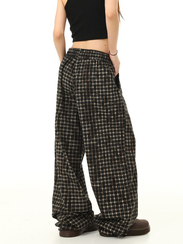 Retro Plaid Wide-Leg Casual Pants with Elastic Waist and Drawstring - Trendy Loose Drape Trousers for Y2K Style