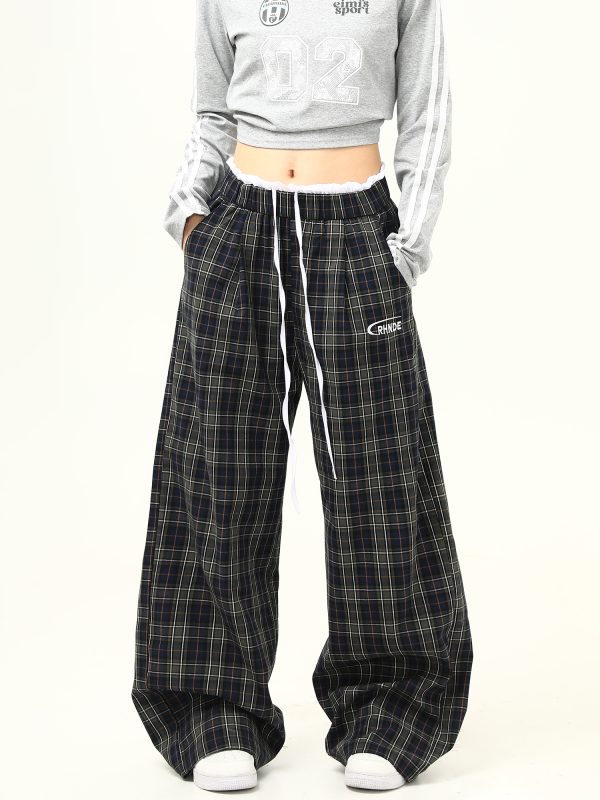 Retro Plaid Wide-Leg Double-Waist Casual Pants for Women - Loose Straight Floor-Length Trousers, Y2K Style