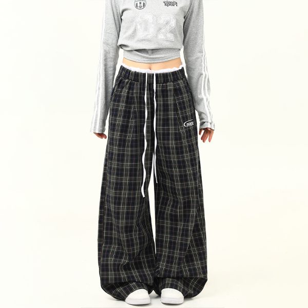Retro Plaid Wide-Leg Double-Waist Casual Pants for Women - Loose Straight Floor-Length Trousers, Y2K Style