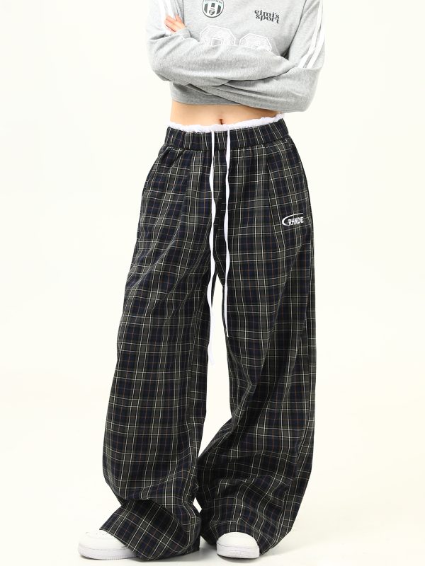 Retro Plaid Wide-Leg Double-Waist Casual Pants for Women - Loose Straight Floor-Length Trousers, Y2K Style