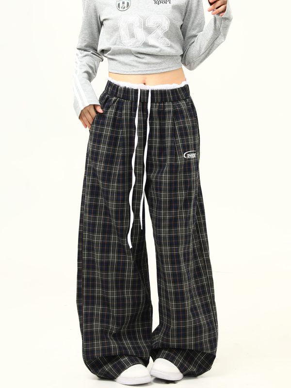 Retro Plaid Wide-Leg Double-Waist Casual Pants for Women - Loose Straight Floor-Length Trousers, Y2K Style