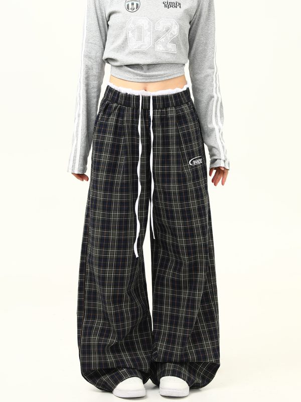 Retro Plaid Wide-Leg Double-Waist Casual Pants for Women - Loose Straight Floor-Length Trousers, Y2K Style