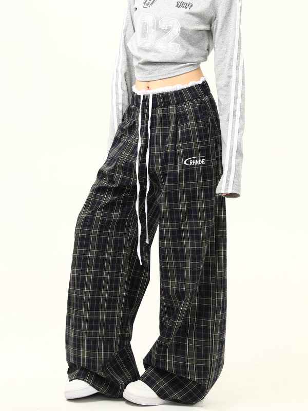 Retro Plaid Wide-Leg Double-Waist Casual Pants for Women - Loose Straight Floor-Length Trousers, Y2K Style