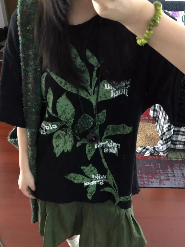 Retro Plant-Themed Korean Style Casual Loose Fit Cotton Summer Short Sleeve T-Shirt