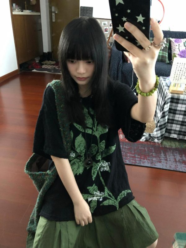 Retro Plant-Themed Korean Style Casual Loose Fit Cotton Summer Short Sleeve T-Shirt