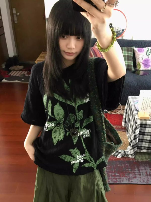 Retro Plant-Themed Korean Style Casual Loose Fit Cotton Summer Short Sleeve T-Shirt