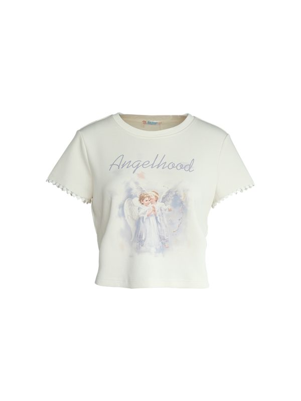Retro Printed Short Sleeve T-Shirt for Women - Midsummer Southern Star Design, Thin Lace Round Neck, Summer Style