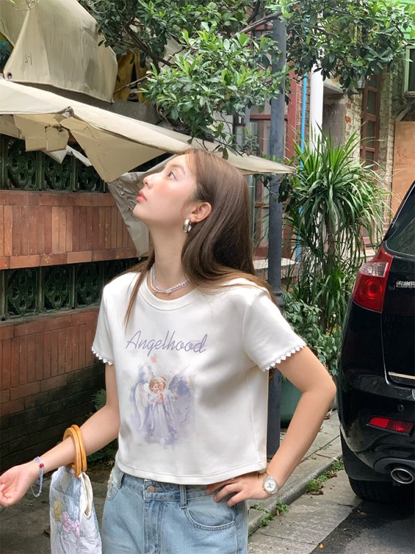 Retro Printed Short Sleeve T-Shirt for Women - Midsummer Southern Star Design, Thin Lace Round Neck, Summer Style