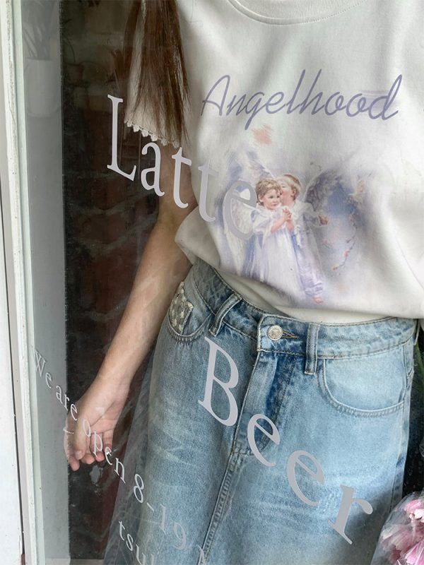 Retro Printed Short Sleeve T-Shirt for Women - Midsummer Southern Star Design, Thin Lace Round Neck, Summer Style