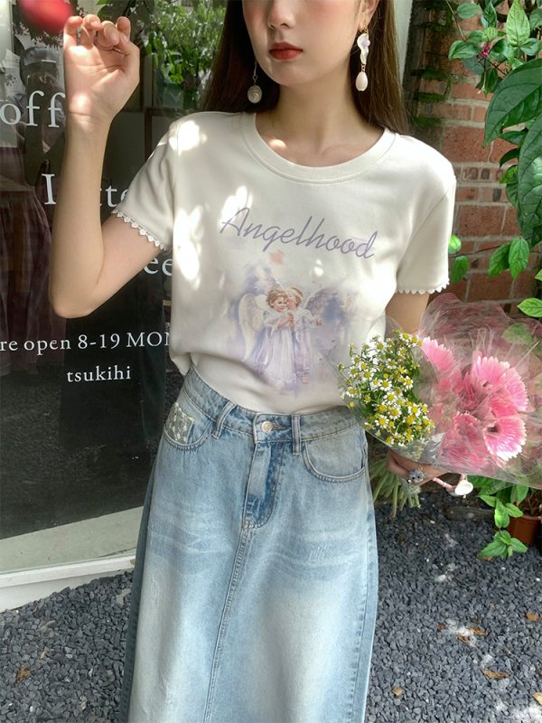 Retro Printed Short Sleeve T-Shirt for Women - Midsummer Southern Star Design, Thin Lace Round Neck, Summer Style