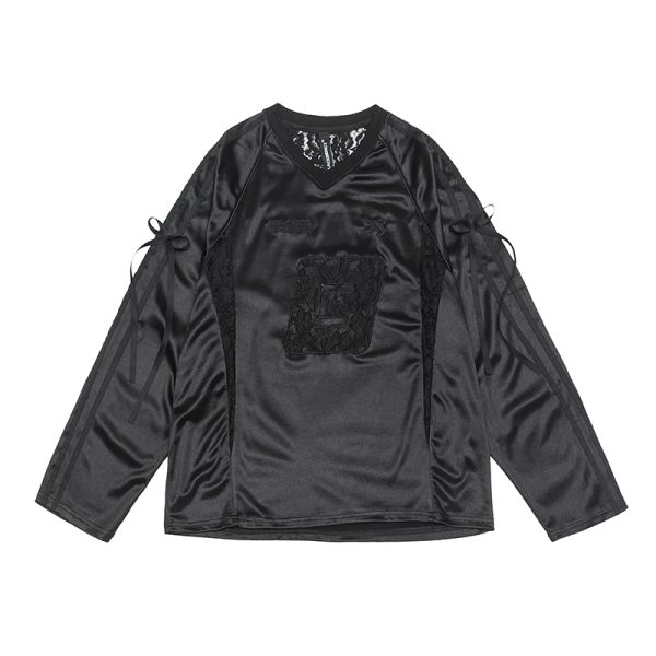 Retro Revival American Lace Bow Long Sleeve T-Shirt - Women's Jersey Sports Style Satin Top for Y2K Fashion