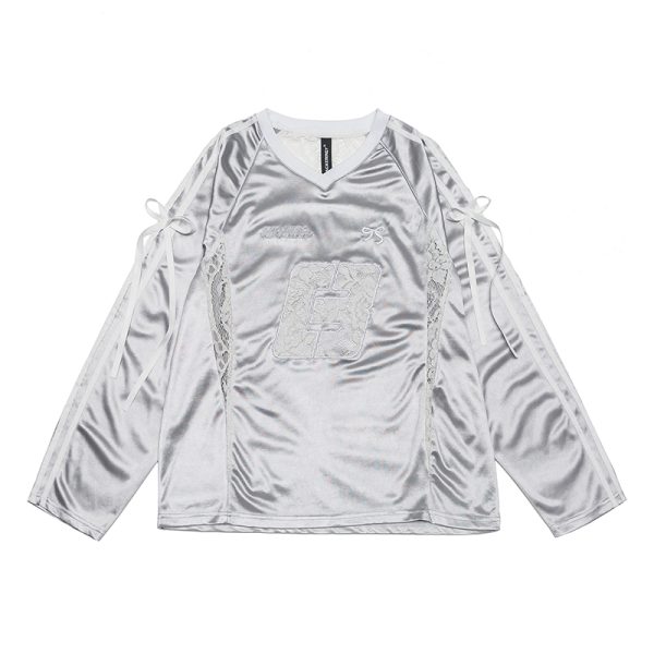 Retro Revival American Lace Bow Long Sleeve T-Shirt - Women's Jersey Sports Style Satin Top for Y2K Fashion