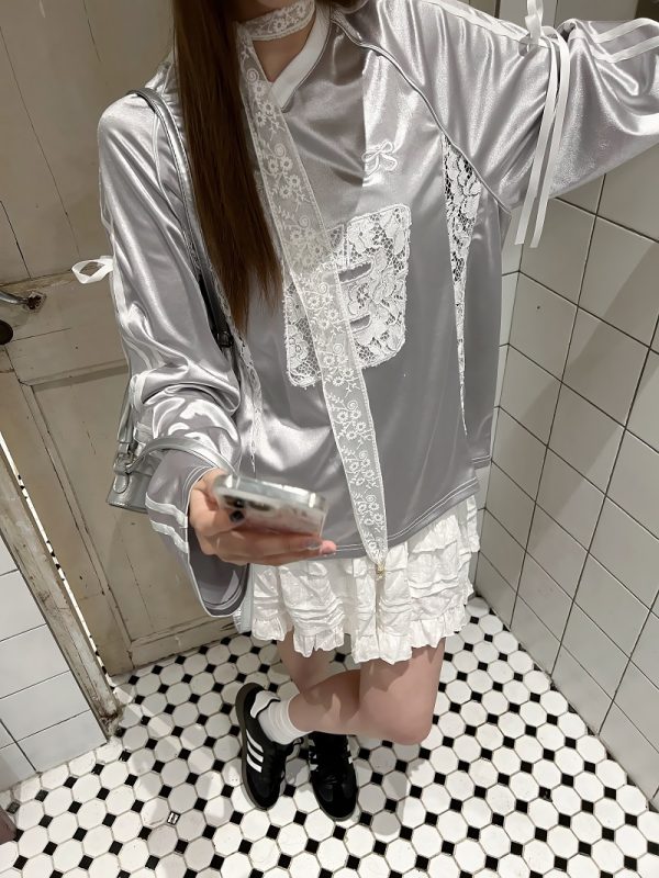 Retro Revival American Lace Bow Long Sleeve T-Shirt - Women's Jersey Sports Style Satin Top for Y2K Fashion