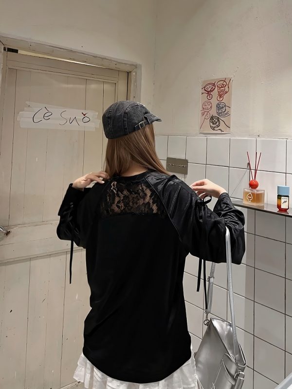 Retro Revival American Lace Bow Long Sleeve T-Shirt - Women's Jersey Sports Style Satin Top for Y2K Fashion