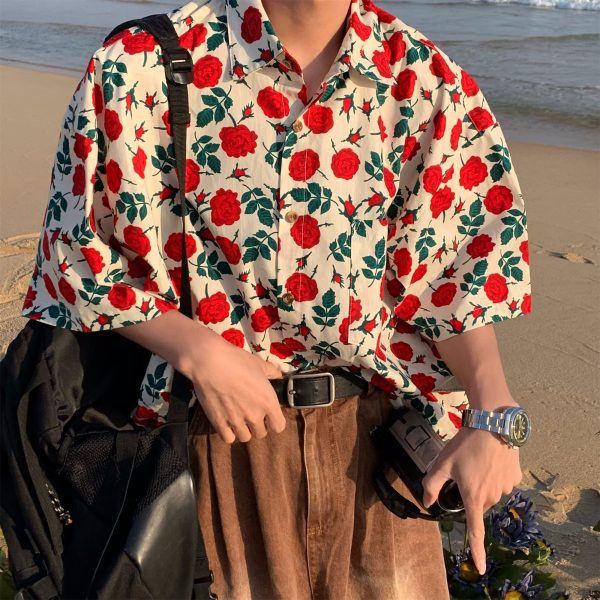 Retro Rose Print Short Sleeve Shirt - Handmade Hawaiian Style Vintage Top for Couples - Perfect for Beach Days