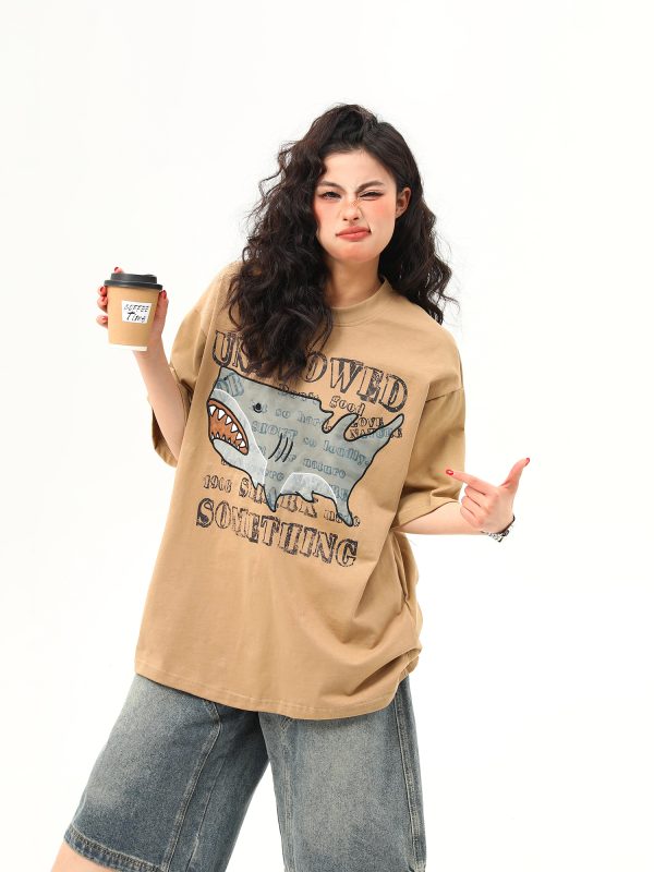 Retro Shark Patch Embroidered Short Sleeve T-Shirt for Women - American Style Summer Versatile Top