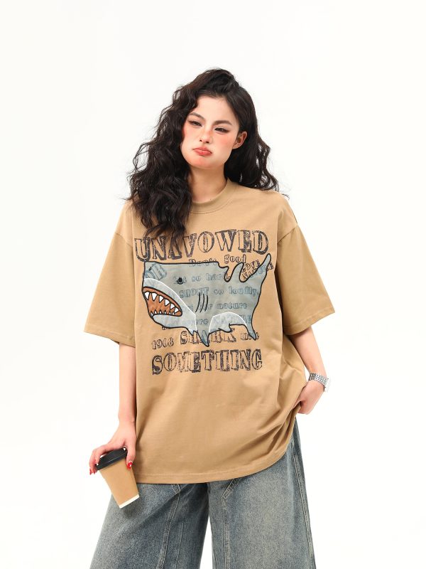 Retro Shark Patch Embroidered Short Sleeve T-Shirt for Women - American Style Summer Versatile Top