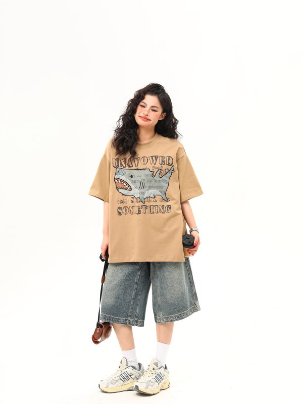 Retro Shark Patch Embroidered Short Sleeve T-Shirt for Women - American Style Summer Versatile Top