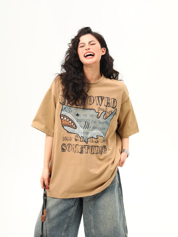 Retro Shark Patch Embroidered Short Sleeve T-Shirt for Women - American Style Summer Versatile Top