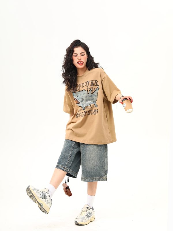 Retro Shark Patch Embroidered Short Sleeve T-Shirt for Women - American Style Summer Versatile Top
