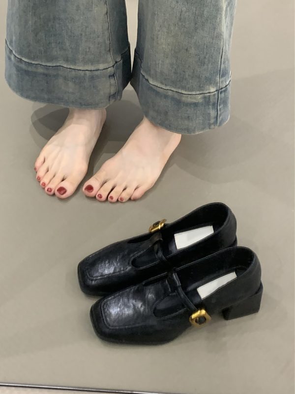 Retro Sheepskin High-Heeled Mary Jane Shoes - Square Toe, Chunky Heel, One-Strap Buckle, Elegant Commuter Style for Women