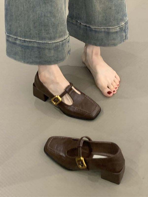 Retro Sheepskin High-Heeled Mary Jane Shoes - Square Toe, Chunky Heel, One-Strap Buckle, Elegant Commuter Style for Women