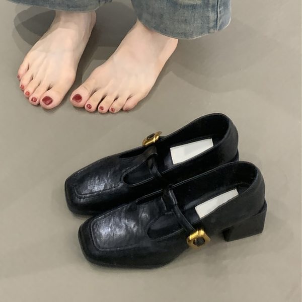 Retro Sheepskin High-Heeled Mary Jane Shoes - Square Toe, Chunky Heel, One-Strap Buckle, Elegant Commuter Style for Women