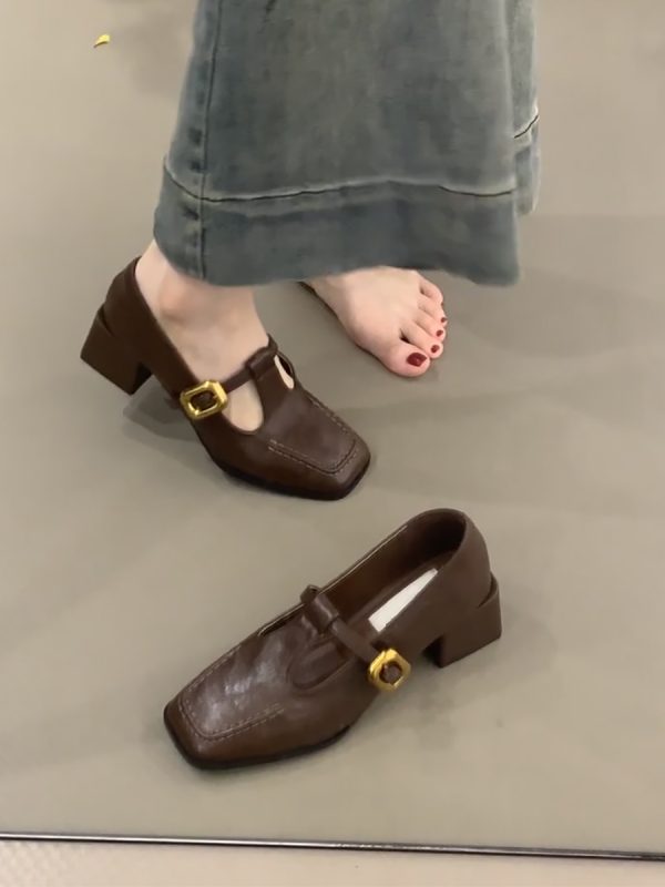 Retro Sheepskin High-Heeled Mary Jane Shoes - Square Toe, Chunky Heel, One-Strap Buckle, Elegant Commuter Style for Women