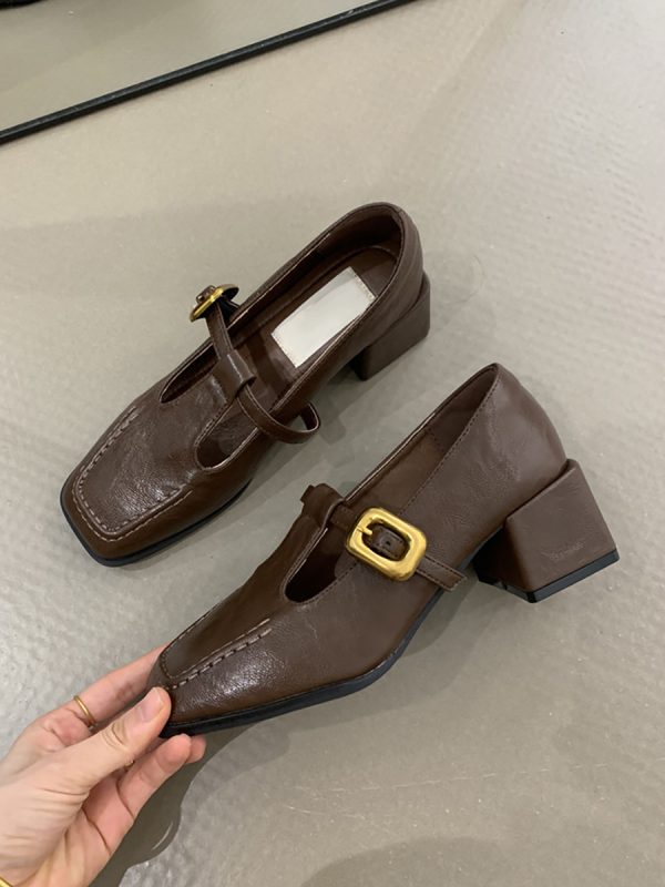 Retro Sheepskin High-Heeled Mary Jane Shoes - Square Toe, Chunky Heel, One-Strap Buckle, Elegant Commuter Style for Women