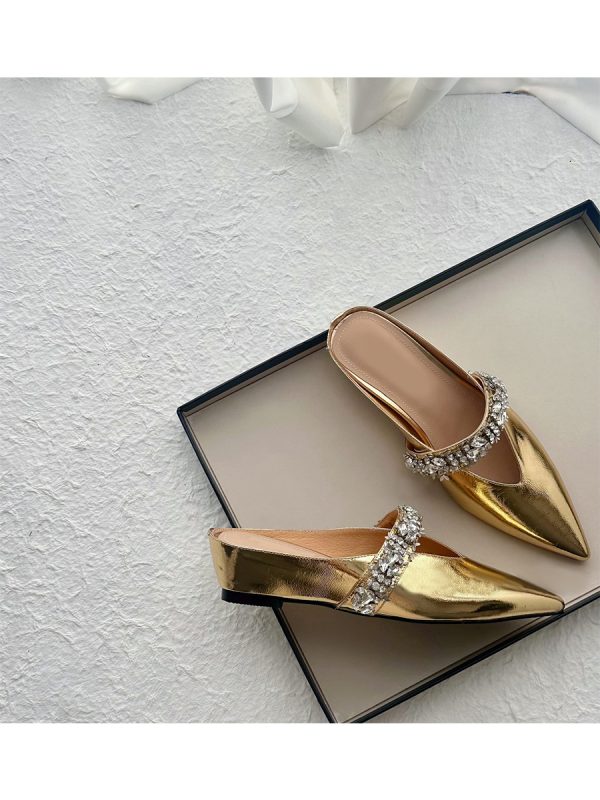 Retro Sheepskin One-Strap Rhinestone Open-Toe Slippers for Women - Summer Flat Pointed Footwear in Zhao Lusi Style
