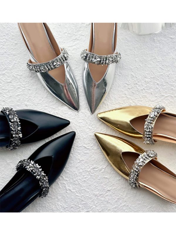 Retro Sheepskin One-Strap Rhinestone Open-Toe Slippers for Women - Summer Flat Pointed Footwear in Zhao Lusi Style