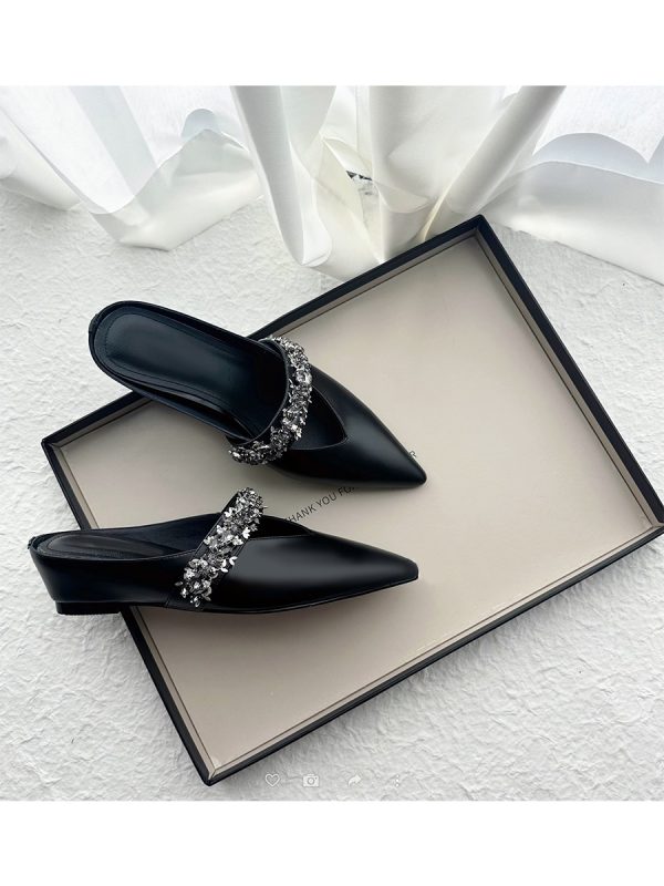 Retro Sheepskin One-Strap Rhinestone Open-Toe Slippers for Women - Summer Flat Pointed Footwear in Zhao Lusi Style