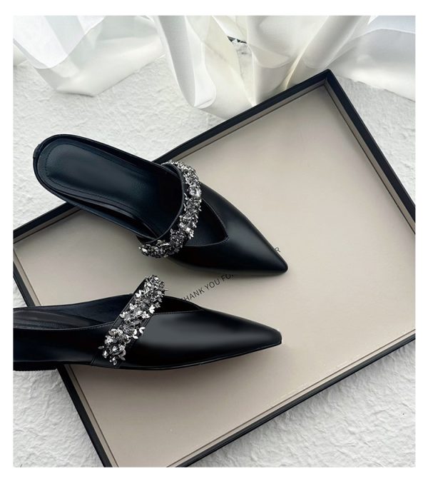 Retro Sheepskin One-Strap Rhinestone Open-Toe Slippers for Women - Summer Flat Pointed Footwear in Zhao Lusi Style