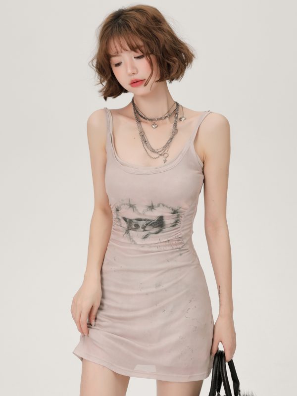 Retro Spicy Girl Cat Print Camisole Dress - Summer Bodycon Dress for a Girly Look, Perfect for Y2K and Retro Fashion Lovers