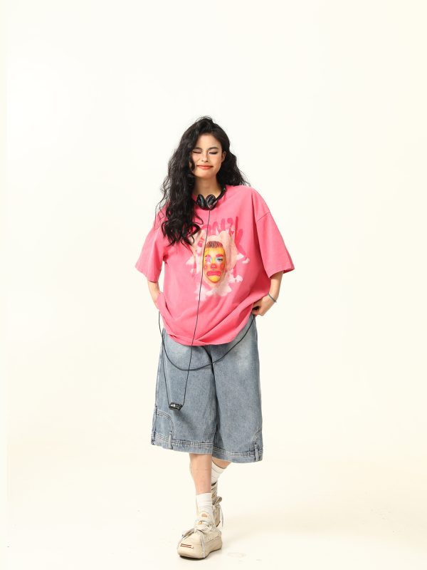 Retro Street Clown Print Loose Vintage Pink T-Shirt for Women - Short Sleeve, 90s Inspired Fashion, Casual Chic Style