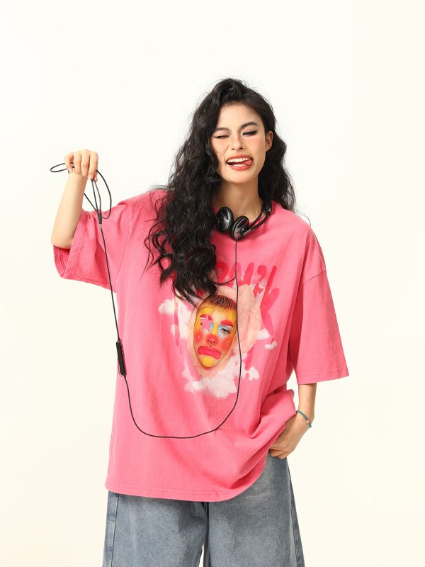 Retro Street Clown Print Loose Vintage Pink T-Shirt for Women - Short Sleeve, 90s Inspired Fashion, Casual Chic Style