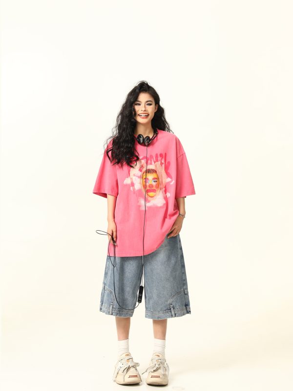 Retro Street Clown Print Loose Vintage Pink T-Shirt for Women - Short Sleeve, 90s Inspired Fashion, Casual Chic Style