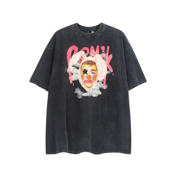 Retro Street Clown Print Loose Vintage Pink T-Shirt for Women - Short Sleeve, 90s Inspired Fashion, Casual Chic Style