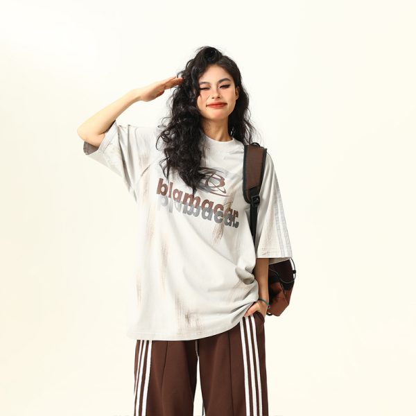 Retro Street Graffiti Letter Short-Sleeve T-Shirt for Men and Women, Loose Fit High Street Trendy Top, 90s Inspired Fashion