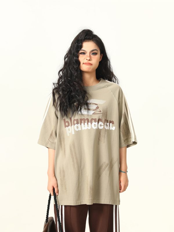 Retro Street Graffiti Letter Short-Sleeve T-Shirt for Men and Women, Loose Fit High Street Trendy Top, 90s Inspired Fashion