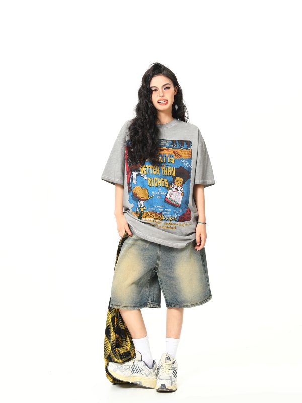 Retro Street Print Washed Short-Sleeve T-Shirt for Men and Women - Versatile Summer Couple Top, Trendy 90s American Style