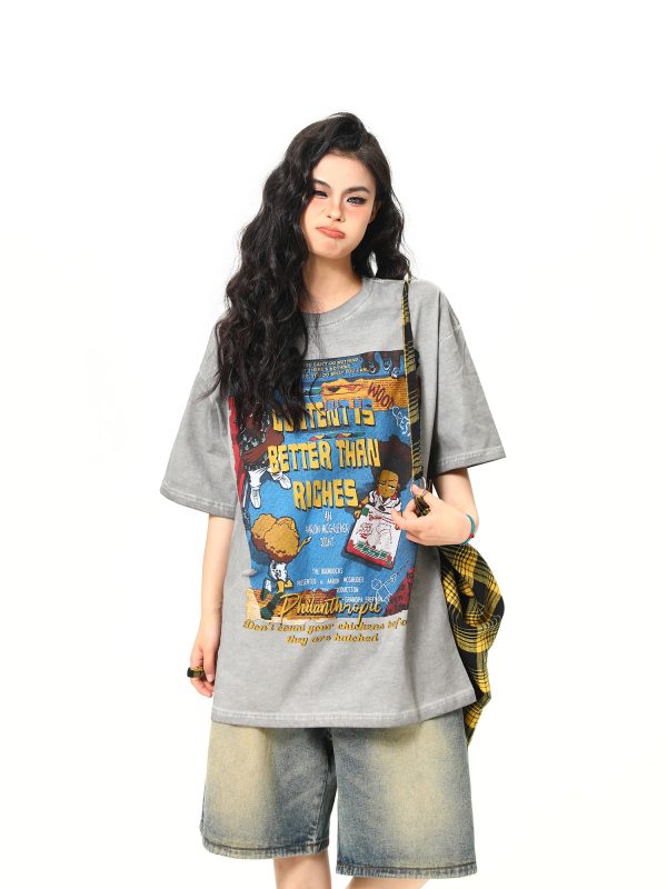Retro Street Print Washed Short-Sleeve T-Shirt for Men and Women - Versatile Summer Couple Top, Trendy 90s American Style