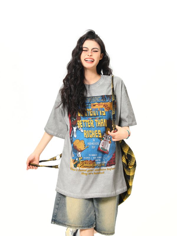 Retro Street Print Washed Short-Sleeve T-Shirt for Men and Women - Versatile Summer Couple Top, Trendy 90s American Style