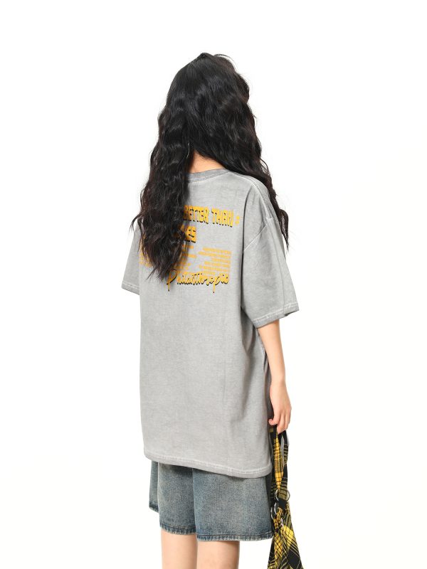 Retro Street Print Washed Short-Sleeve T-Shirt for Men and Women - Versatile Summer Couple Top, Trendy 90s American Style