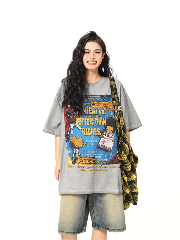 Retro Street Print Washed Short-Sleeve T-Shirt for Men and Women - Versatile Summer Couple Top, Trendy 90s American Style