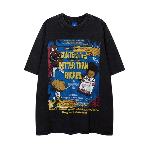 Retro Street Print Washed Short-Sleeve T-Shirt for Men and Women - Versatile Summer Couple Top, Trendy 90s American Style