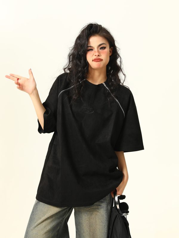 Retro Suede Double Zipper Short Sleeve T-Shirt for Men and Women - High Street Loose Fit Couple Tee, Y2K Style
