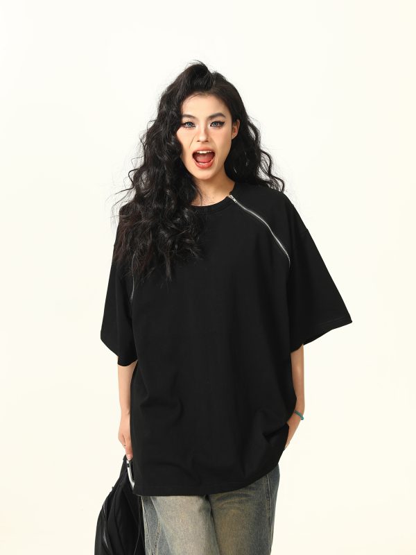 Retro Suede Double Zipper Short Sleeve T-Shirt for Men and Women - High Street Loose Fit Couple Tee, Y2K Style