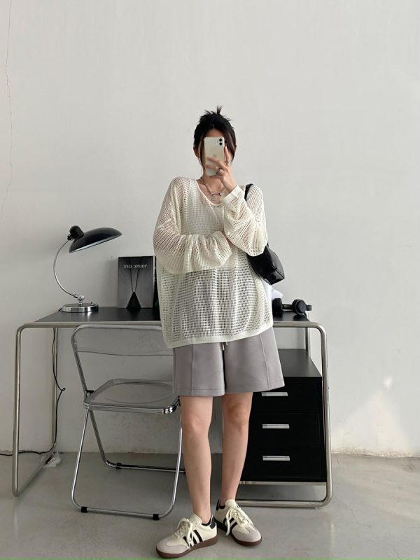 Retro Sun Grapefruit Loose-Fitting Knitted Cover-Up Sweater - Hollow-Out Summer Pullover for Sun Protection, Versatile Style